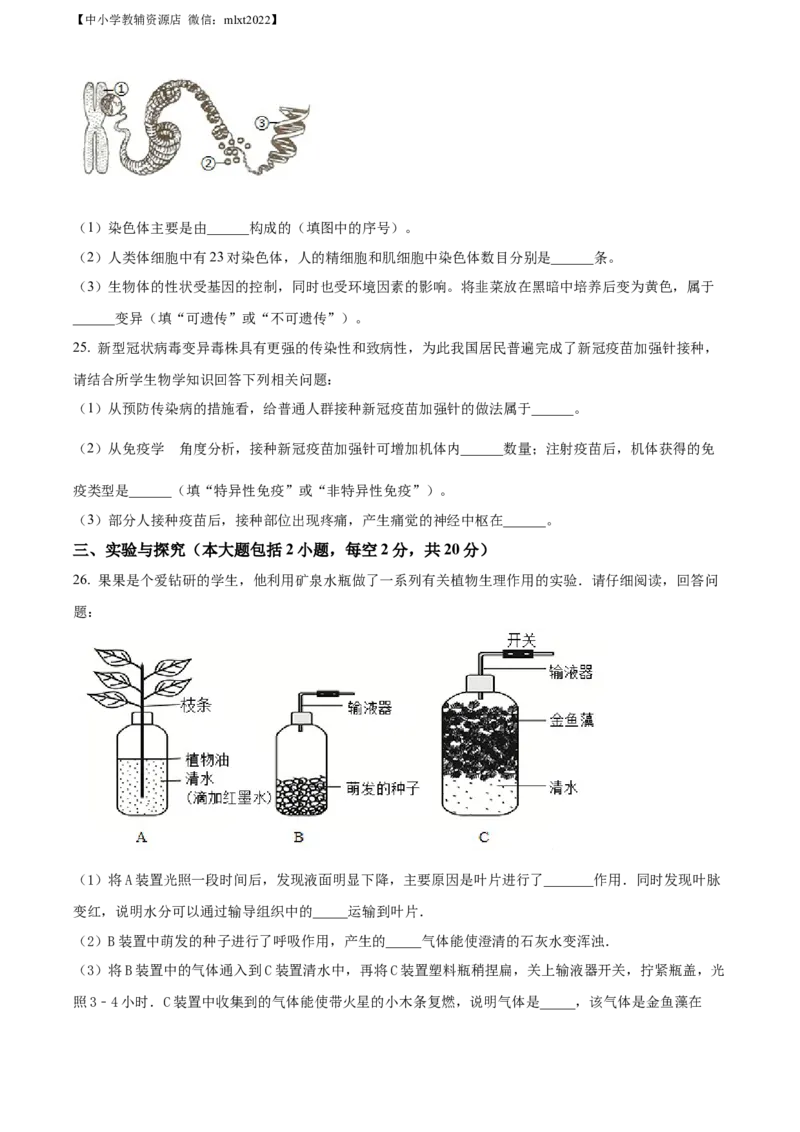 精品解析：2022年四川省资阳市中考生物真题（原卷版）_中考真题_8.生物中考真题2015-2024年_2022年全国中考生物114份14