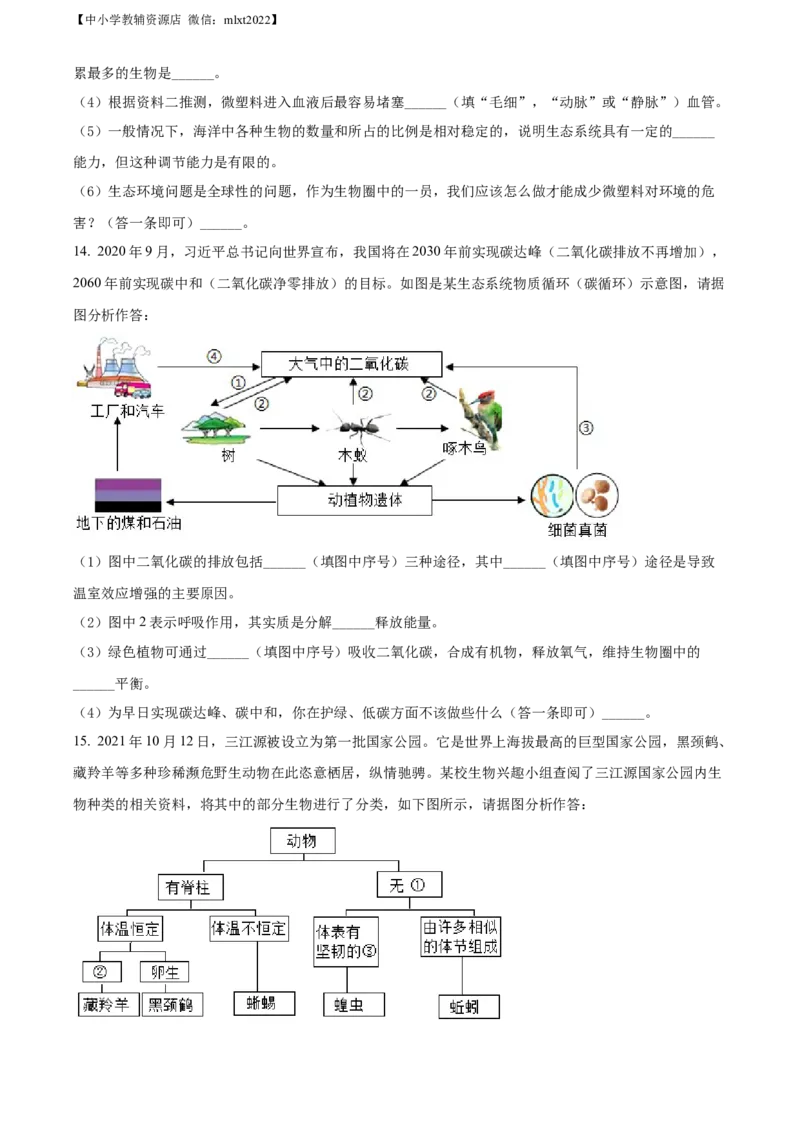 精品解析：2022年青海省中考生物真题（原卷版）_中考真题_8.生物中考真题2015-2024年_2022年全国中考生物114份14