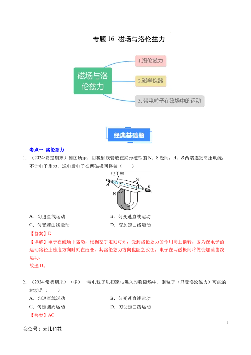 专题16磁场和洛伦兹力（新高考通用）（解析版）(1)_1多考区联考_0109好题汇编备战2024-2025学年高二物理上学期期末真题分类汇编（新高考通用）
