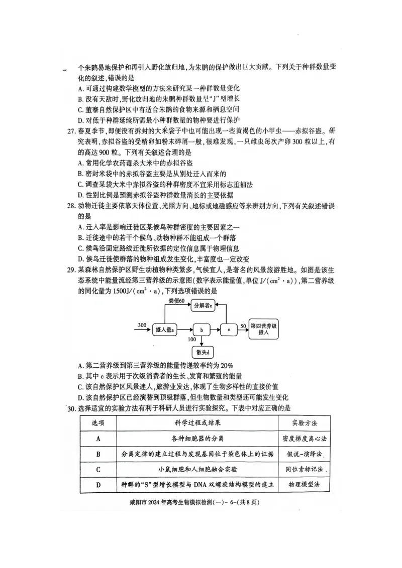 咸阳市2024高考第一次模拟考试生物试题_2024届陕西省咸阳市高考第一次模拟考试_陕西省咸阳市2024高考第一次模拟考试生物