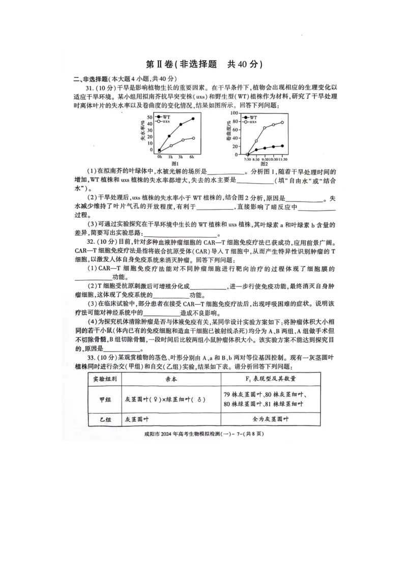咸阳市2024高考第一次模拟考试生物试题_2024届陕西省咸阳市高考第一次模拟考试_陕西省咸阳市2024高考第一次模拟考试生物