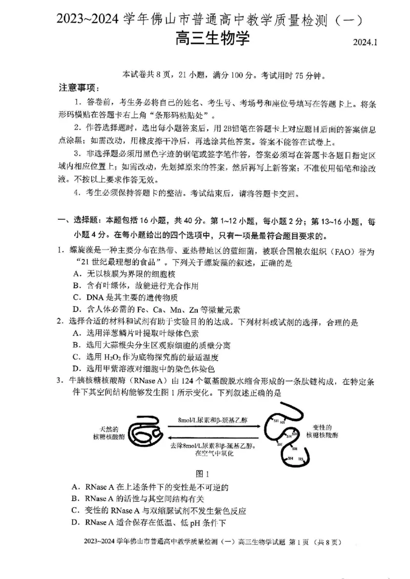 广东省佛山市普通高中2024届高三上学期期末教学质量检测（一）生物_2024届广东省佛山市普通高中高三上学期期末教学质量检测（一）