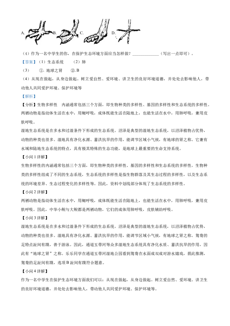 精品解析：2022年湖南省怀化市中考生物真题（解析版）_中考真题_8.生物中考真题2015-2024年_2022年全国中考生物114份14