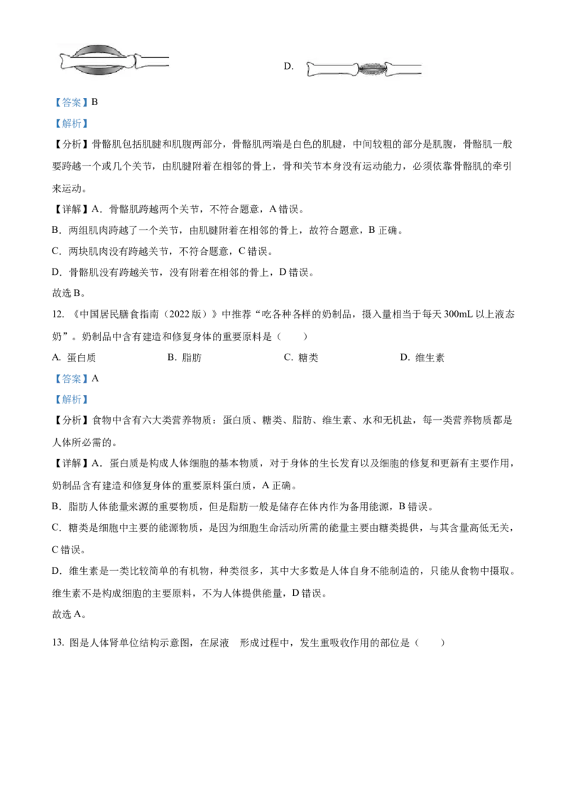 精品解析：2022年湖南省怀化市中考生物真题（解析版）_中考真题_8.生物中考真题2015-2024年_2022年全国中考生物114份14