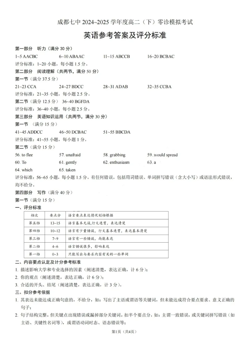 英语答案-四川省成都市第七中学2024-2025学年度下期高2026届零诊模拟考试_2025年6月_250625四川省成都市第七中学2024-2025学年度下期高2026届零诊模拟考试（全科）
