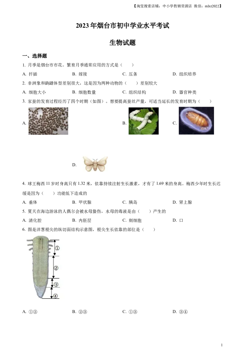 精品解析：2023年山东省烟台市中考生物真题（原卷版）_中考真题_8.生物中考真题2015-2024年_2023年全国中考生物7.20_精品解析：2023年山东省烟台市中考生物真题