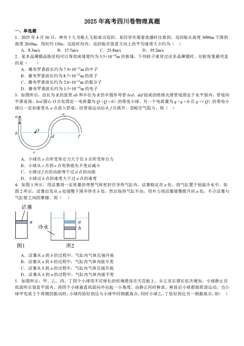 四川物理-试题_1.高考2025全国各省真题+答案_00.2025各省市高考真题及答案（按省份分类）_17、四川卷（9科全）_物理