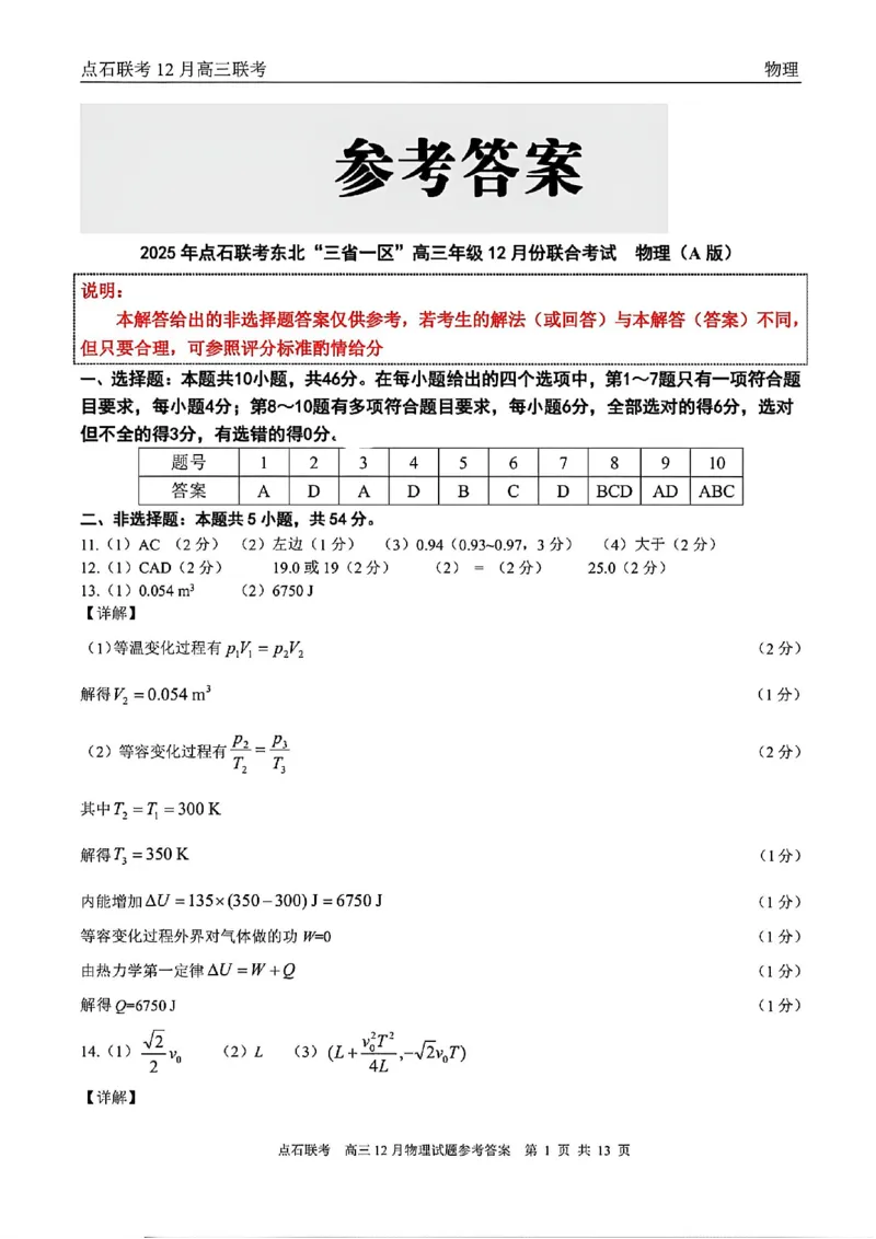 点石联考高三12月物理试题参考答案_2025年12月_251209东北&ldquo;三省一区&rdquo;点石联考2025-2026学年高三上学期12月月考_2025年点石联考东北&ldquo;三省一区&rdquo;高三年级12月份联合考试物理