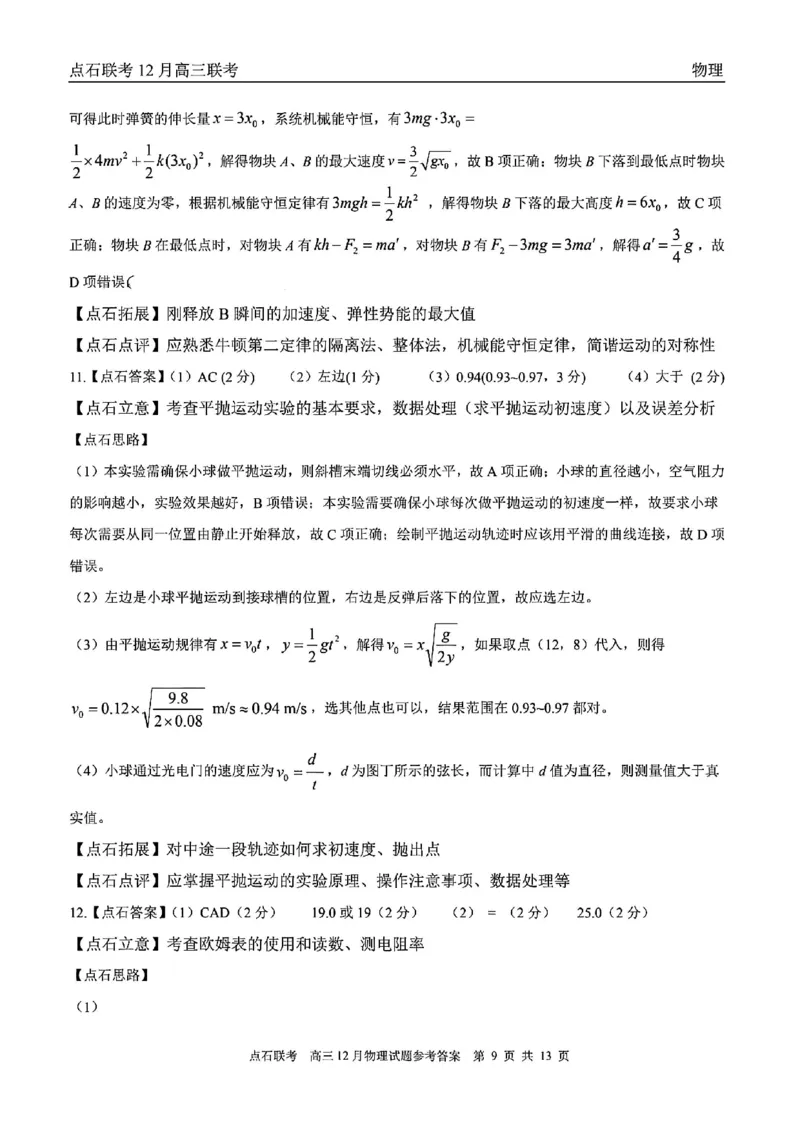 点石联考高三12月物理试题参考答案_2025年12月_251209东北&ldquo;三省一区&rdquo;点石联考2025-2026学年高三上学期12月月考_2025年点石联考东北&ldquo;三省一区&rdquo;高三年级12月份联合考试物理