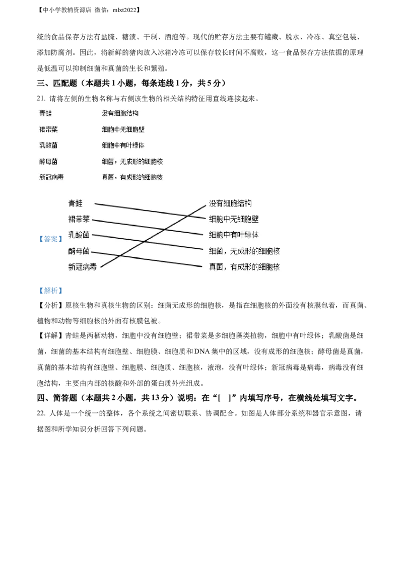 精品解析：2022年辽宁省大连市中考生物真题（解析版）_中考真题_8.生物中考真题2015-2024年_2022年全国中考生物114份14
