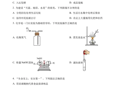 精品解析：2023年四川省南充市中考化学真题（原卷版）_中考真题_5.化学中考真题2015-2024年_2023年中考化学真题7.20