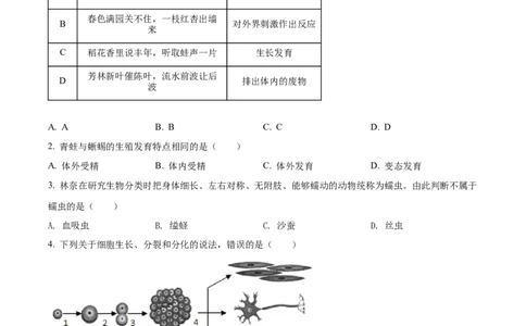精品解析：2022年山东省聊城市中考生物真题（原卷版）_中考真题_8.生物中考真题2015-2024年_2022年全国中考生物114份14