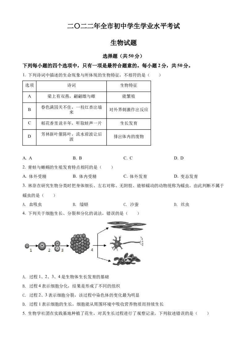 精品解析：2022年山东省聊城市中考生物真题（原卷版）_中考真题_8.生物中考真题2015-2024年_2022年全国中考生物114份14