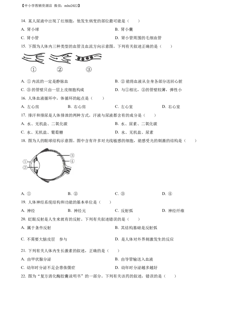 精品解析：2022年山东省威海市中考生物真题（原卷版）_中考真题_8.生物中考真题2015-2024年_2022年全国中考生物114份14