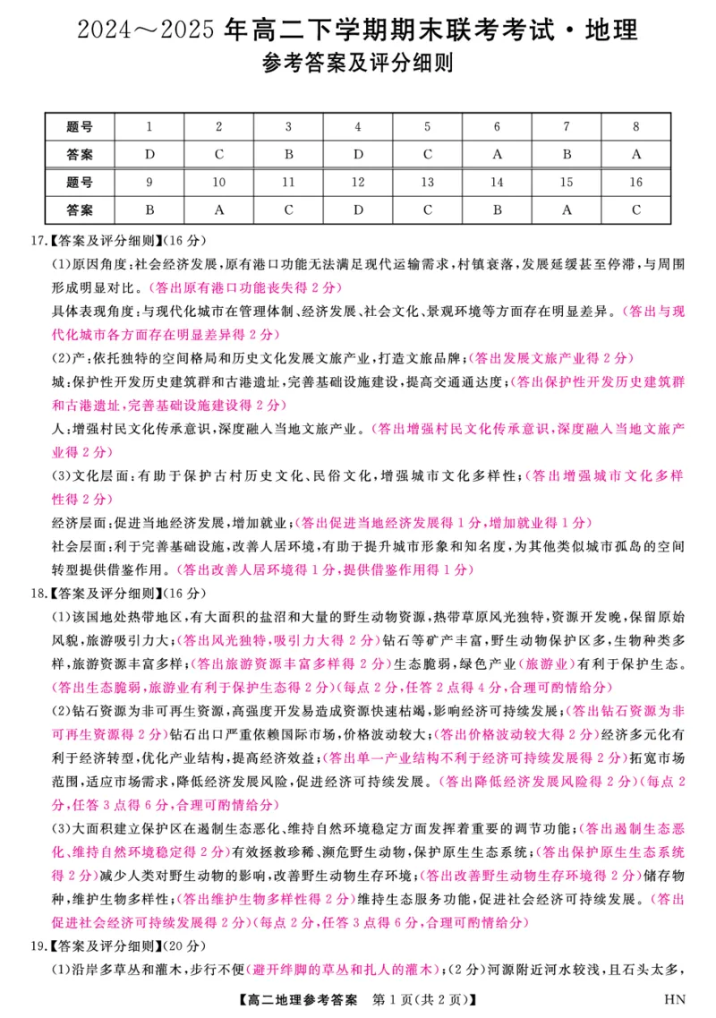 金科&middot;新未来7月3-4日高二联考-地理评分细则_2025年7月_250707河南省金科&middot;新未来2024-2025学年高二下学期期末联考考试（全科）_金科&middot;新未来7月3-4日高二联考答案