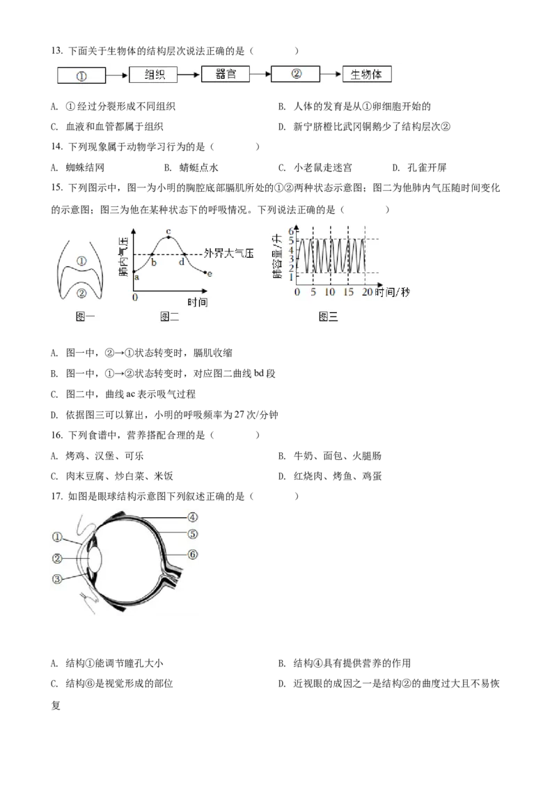 精品解析：2022年湖南省邵阳市中考生物真题（原卷版）_中考真题_8.生物中考真题2015-2024年_2022年全国中考生物114份14