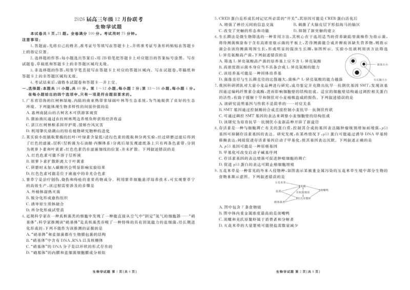 高三12月生物正文_2025年12月_251224广东省衡水金卷2025-2026学年高三上学期12月联考（全科）_广东省衡水金卷2025-2026学年高三上学期12月月考生物试题（含答案）