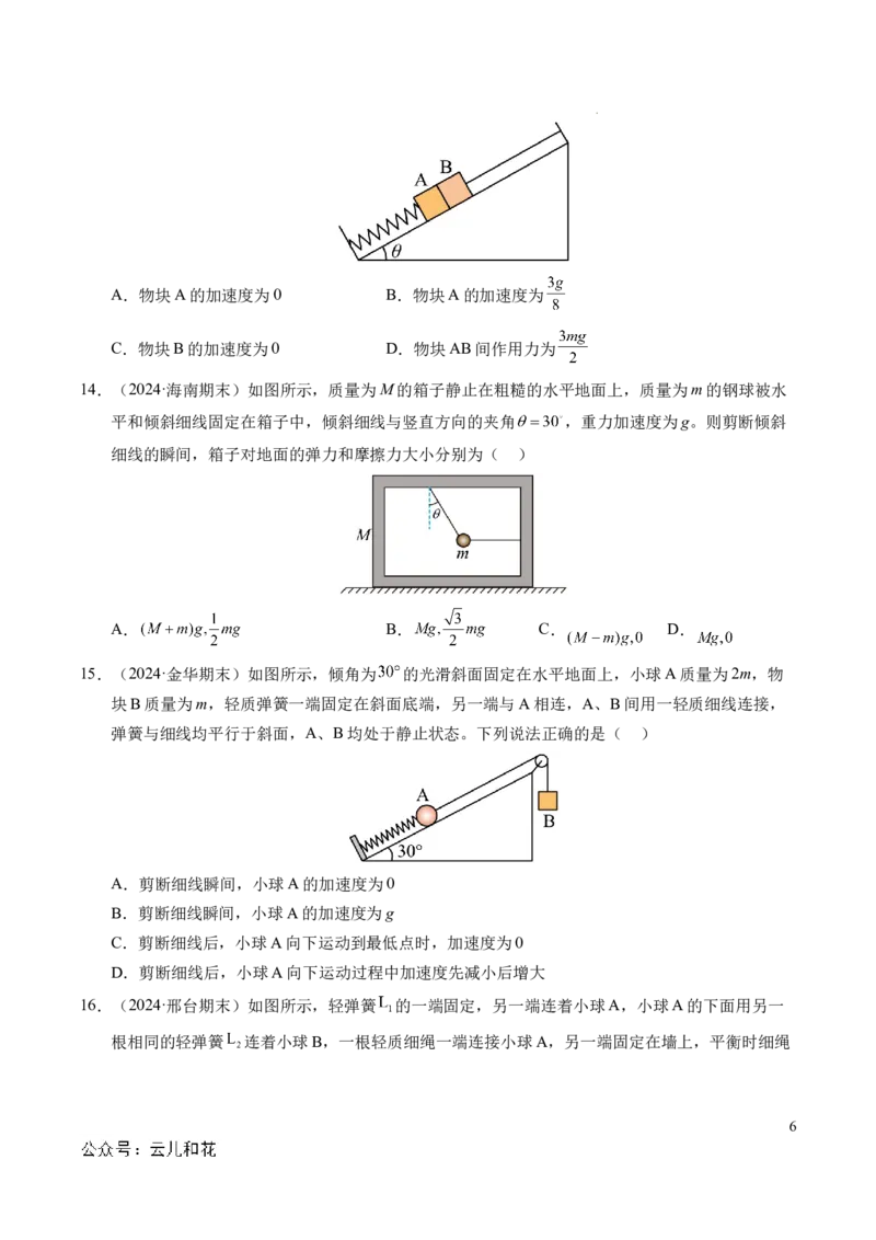 专题13连接体问题与瞬时性问题（新高考通用）（原卷版）_1多考区联考试卷_0108好题汇编备战2024-2025学年高一物理上学期期末真题分类汇编（新高考通用）