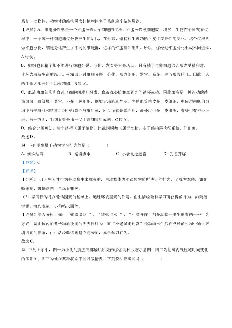 精品解析：2022年湖南省邵阳市中考生物真题（解析版）_中考真题_8.生物中考真题2015-2024年_地区卷_湖南省_邵阳生物（只有2022
