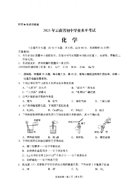 2025云南中考化学真题试卷_2025全国各地《中考真题试卷及答案》_2025云南中考真题及答案
