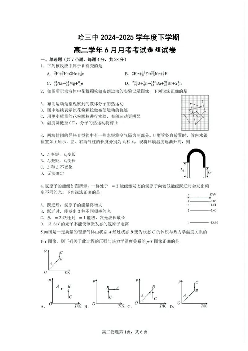 黑龙江省哈尔滨市第三中学校2024-2025学年高二下学期6月月考物理试题_2025年6月_250614黑龙江省哈尔滨市第三中学校2024-2025学年高二下学期6月月考（全科）(1)