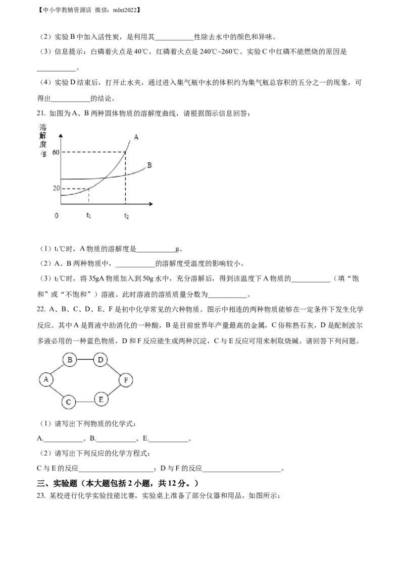 精品解析：2022年山东省滨州市中考化学真题（原卷版）_中考真题_5.化学中考真题2015-2024年_地区卷_山东省_山东滨州化学09-22