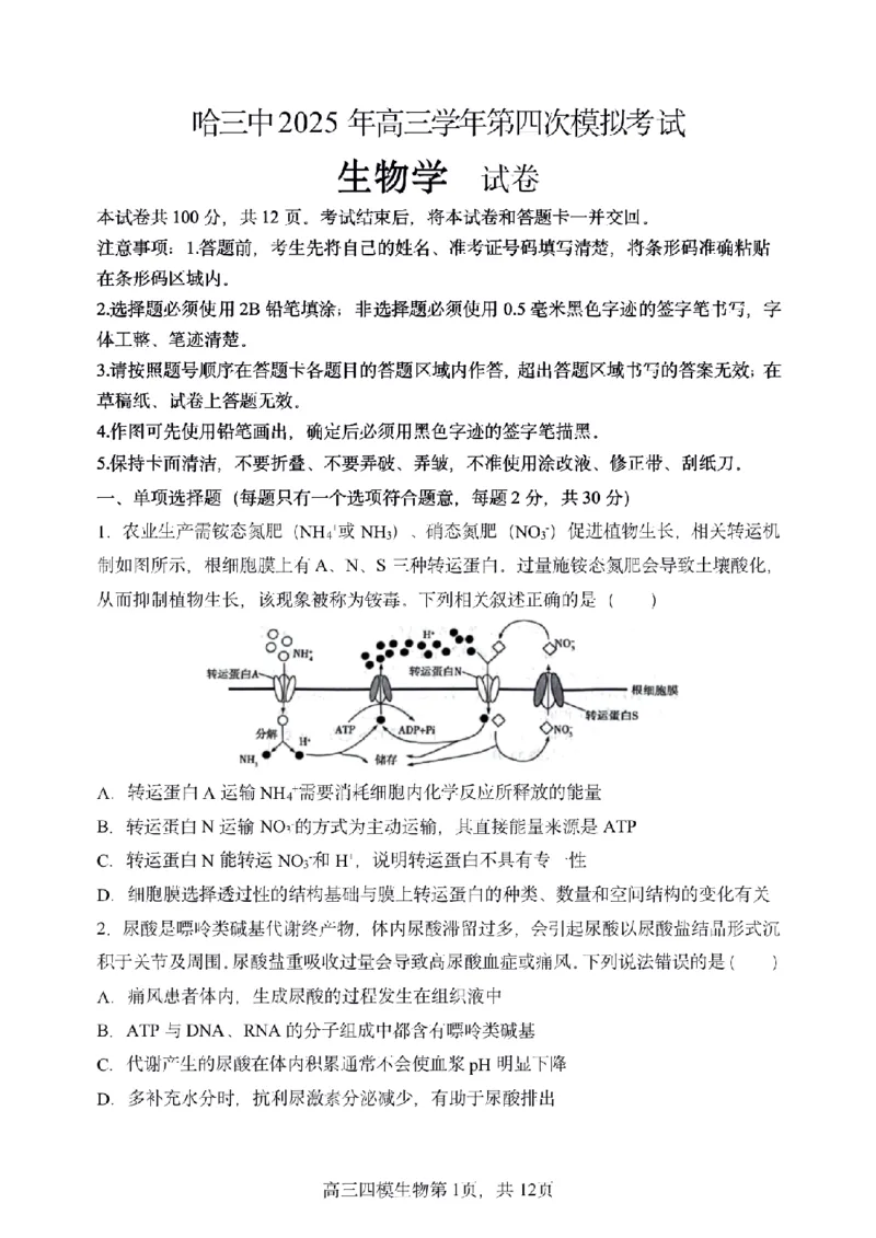 黑龙江省哈尔滨市第三中学校2025届高三第四次模拟考试生物_2025年6月_250602黑龙江省哈尔滨市第三中学校2025届高三第四次模拟考试（全科）