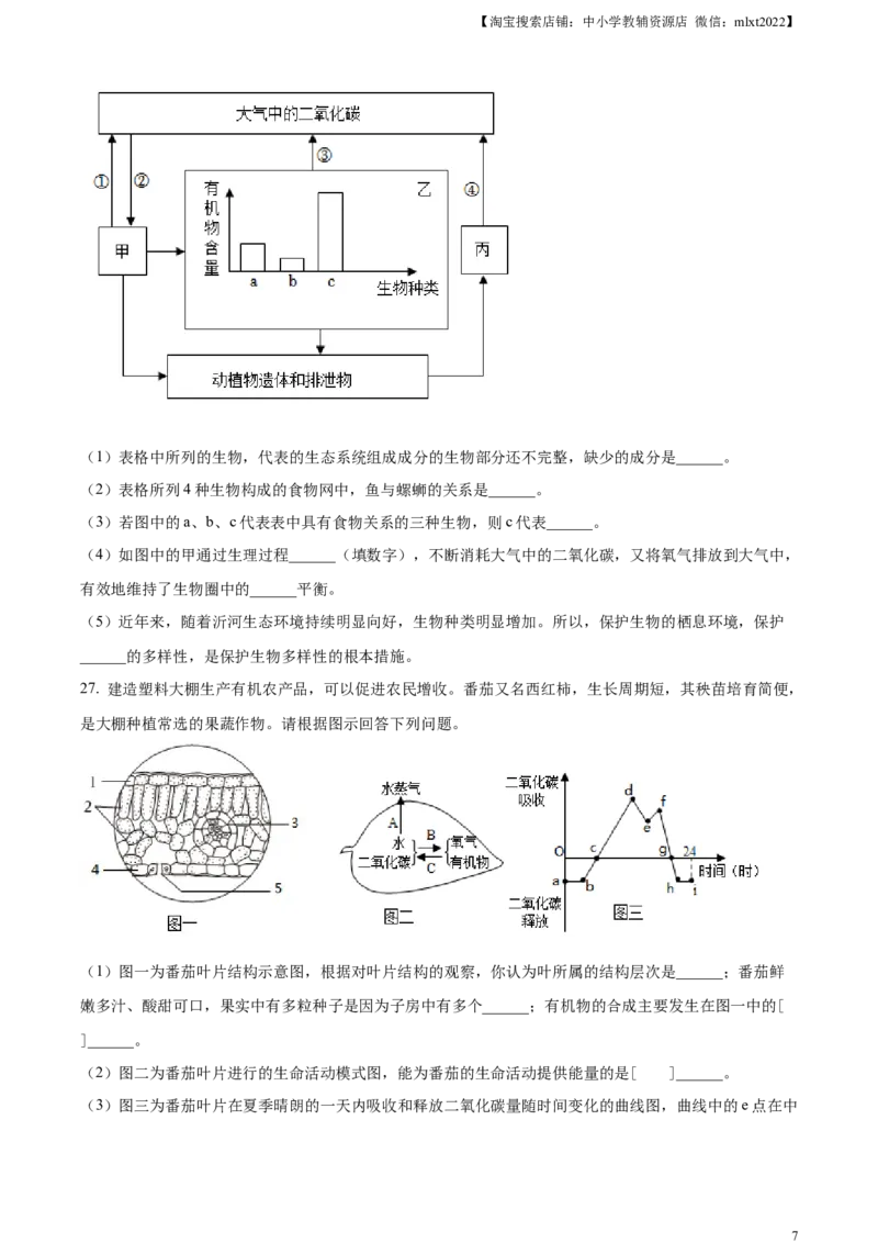 精品解析：2023年山东省临沂市中考生物真题（原卷版）(1)_中考真题_8.生物中考真题2015-2024年_2023年全国中考生物7.20_精品解析：2023年山东省临沂市中考生物真题