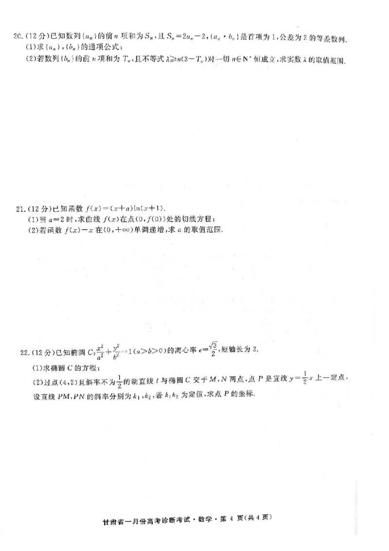 甘肃省2024届高三上学期1月份高考诊断考试（甘肃一诊）数学_2024届甘肃省高三上学期1月份高考诊断考试（甘肃一诊）