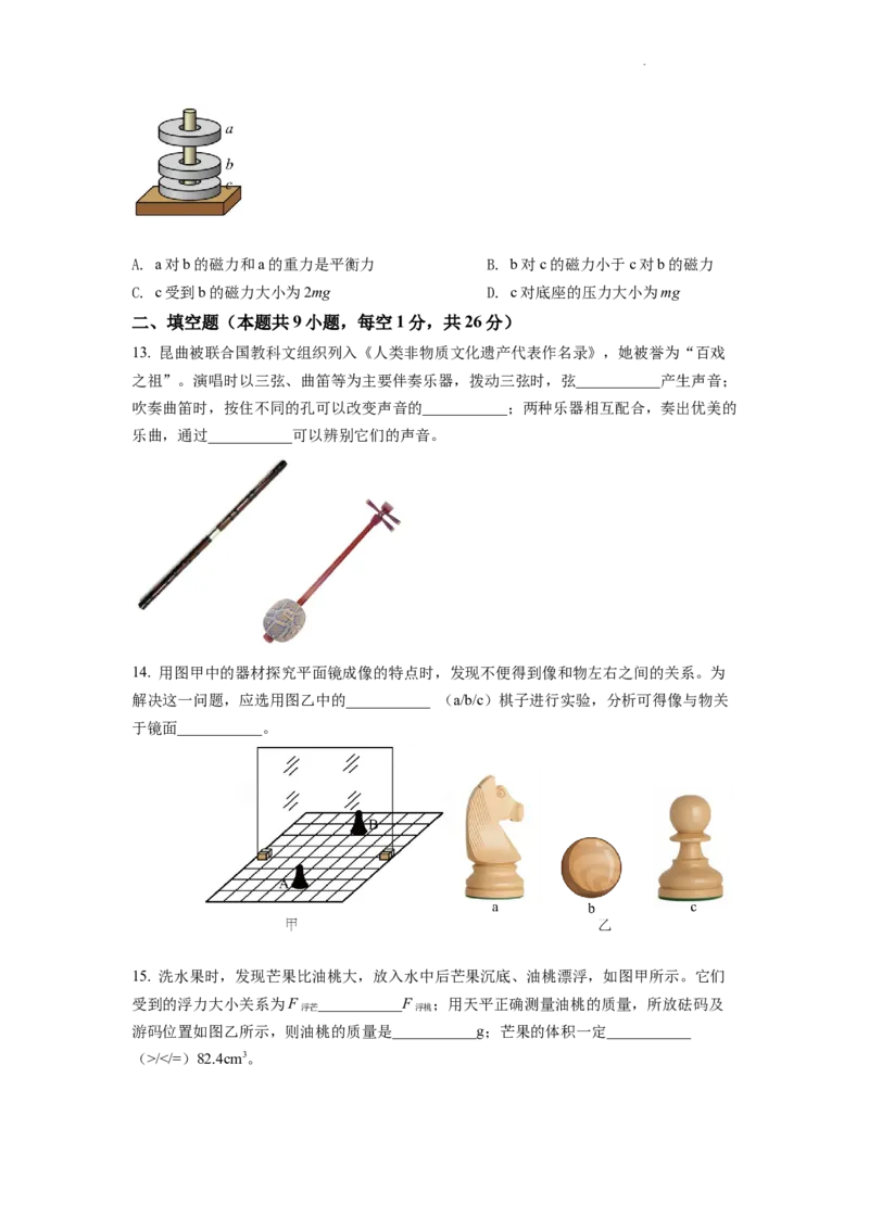 精品解析：2022年江苏省苏州市中考物理试题（原卷版）_中考真题_4.物理中考真题2015-2024年_2022中考物理真题128份14