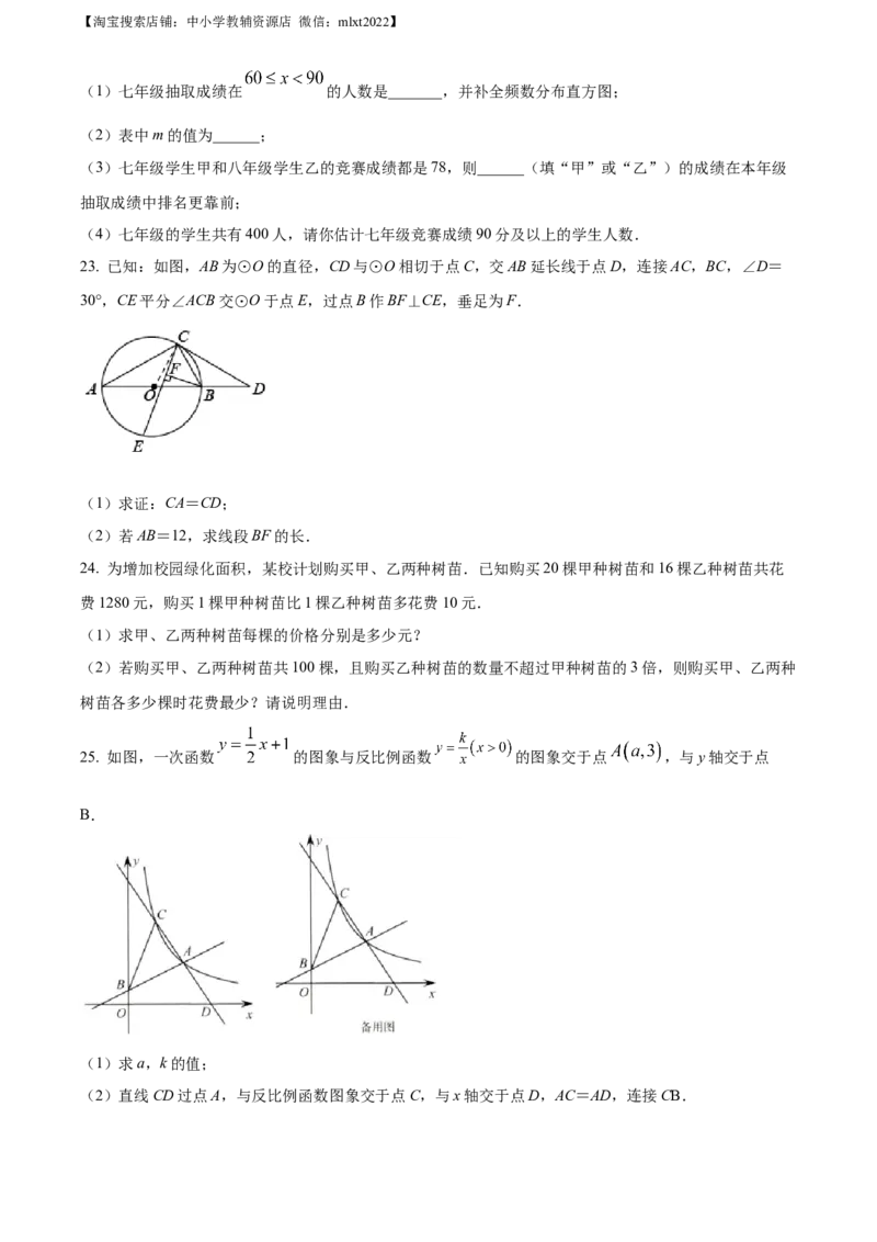 精品解析：2022年山东省济南市中考数学真题（原卷版）_中考真题_2.数学中考真题2015-2024年_地区卷_山东省_山东济南17-22