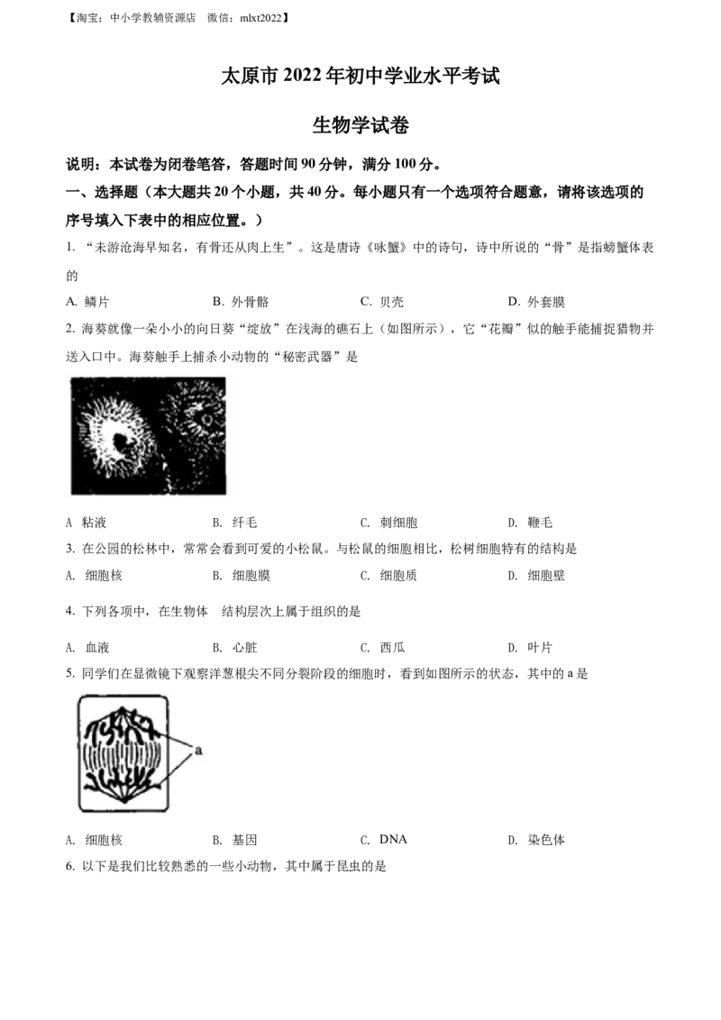 精品解析：2022年山西省太原市学业水平测试生物真题（原卷版）_中考真题_8.生物中考真题2015-2024年_2022年全国中考生物114份14