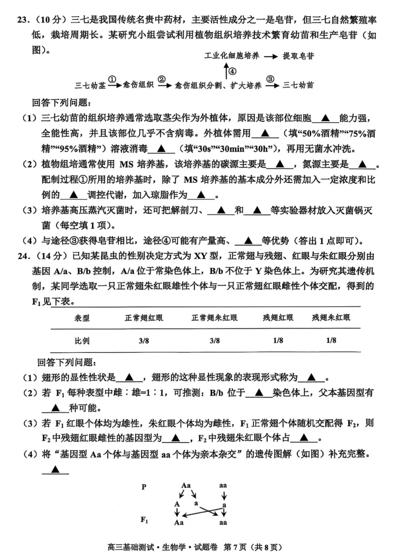 2025年嘉兴市高三基础测试+生物_2025年9月_250920浙江省嘉兴市2025年9月高三基础测试（全科）_浙江省嘉兴市2025年9月高三基础测试生物