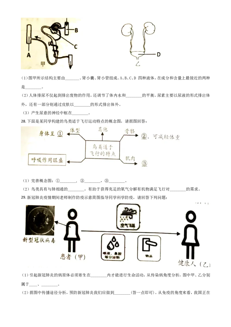 精品解析：湖南岳阳市2020年中考生物试题（原卷版）_中考真题_8.生物中考真题2015-2024年_2020生物真题74份_2020年中考真题精品解析生物（湖南岳阳卷）精编word版