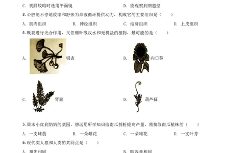 精品解析：湖南岳阳市2020年中考生物试题（原卷版）_中考真题_8.生物中考真题2015-2024年_2020生物真题74份_2020年中考真题精品解析生物（湖南岳阳卷）精编word版