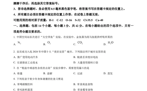 精品解析：2024年四川省宜宾市中考化学真题（原卷版）_中考真题_5.化学中考真题2015-2024年_2024年中考化学真题_精品解析：2024年四川省宜宾市中考化学真题