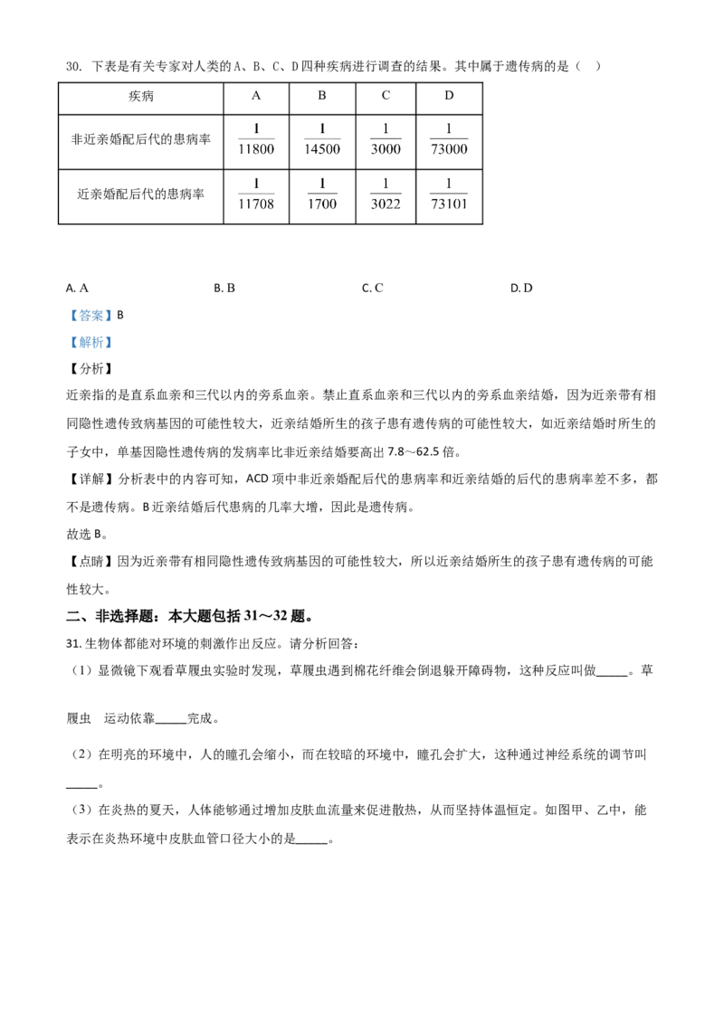 精品解析：山东省日照市2020年中考生物试题（解析版）_中考真题_8.生物中考真题2015-2024年_2020生物真题74份_精品解析：山东省日照市2020年中考生物试题