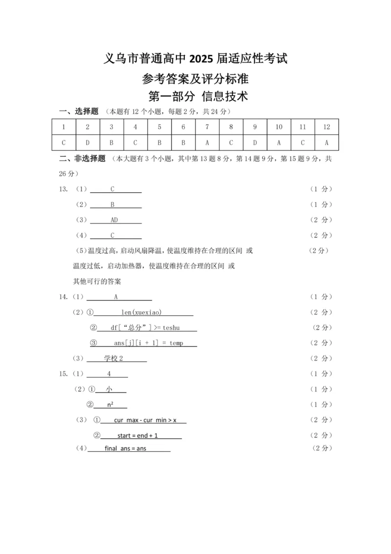 2025年金华市义乌市高三三模-技术答案_2025年5月_2505142025年金华市义乌市高三三模适应性考试（全科）_2025年金华市义乌市高三三模适应性考试技术