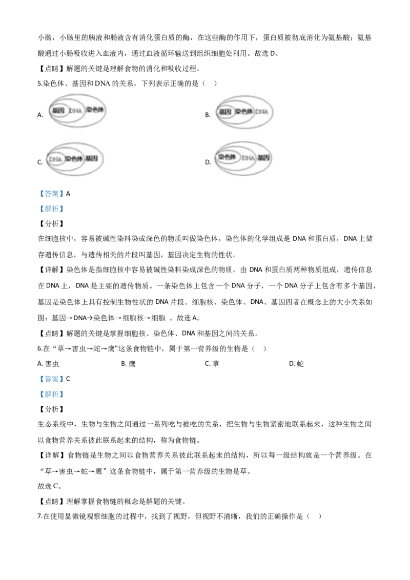 精品解析：辽宁省沈阳市2020年中考生物试题（解析版）_中考真题_8.生物中考真题2015-2024年_2020生物真题74份_2020年中考真题精品解析生物（辽宁沈阳卷）精编word版