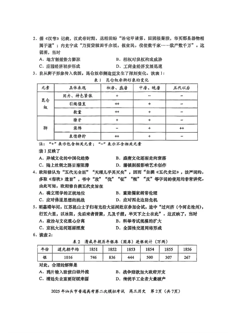 2025届广东省汕头市高三下学期普通高考第二次模拟考试历史试卷（含答案）_2025年4月_250428广东省汕头二模2025届高三第二次模拟考试（全科）