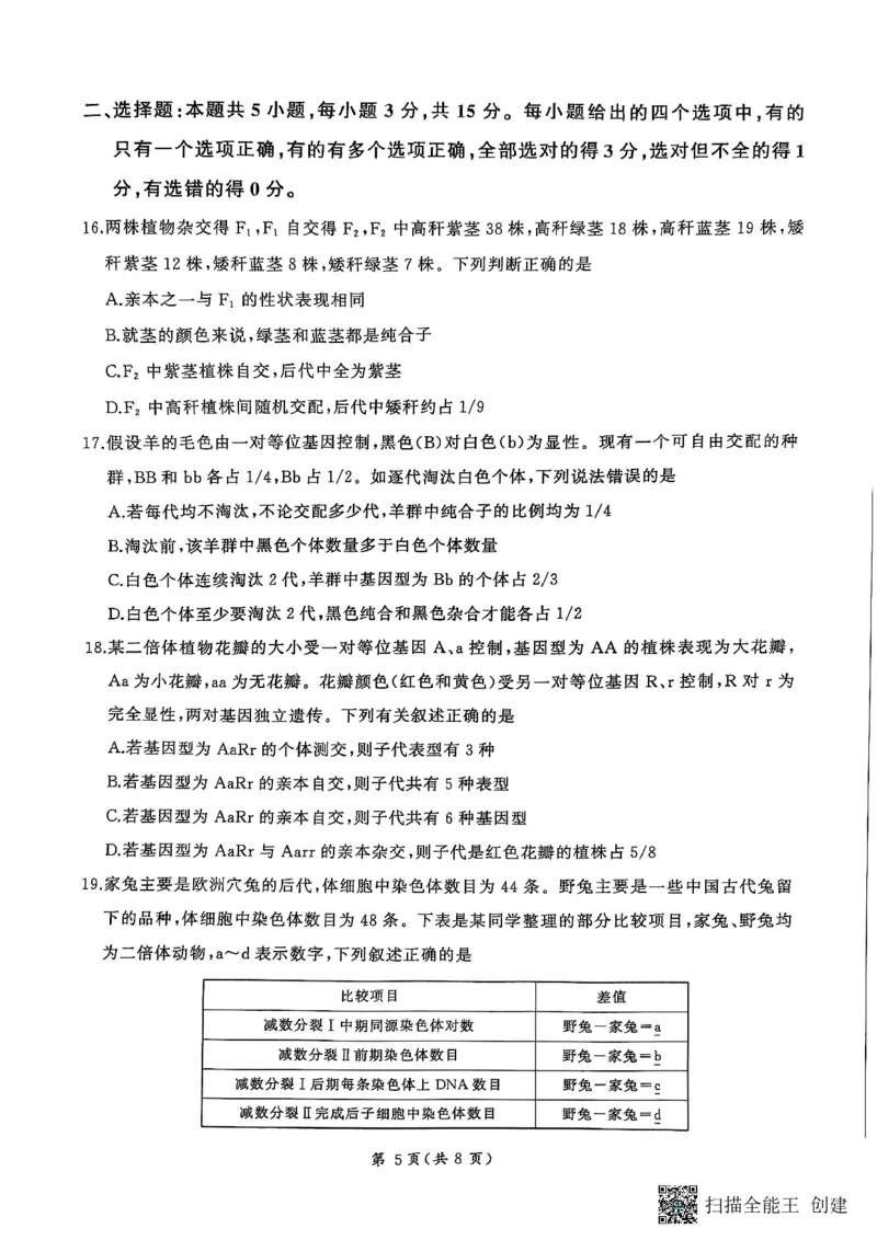 试题_1多考区联考试卷_0320百师联盟2024-2025学年高一下学期3月联考_百师联盟2024-2025学年高一下学期3月联考生物试题