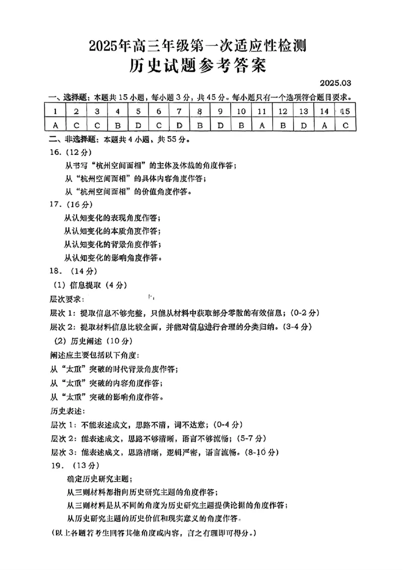 历史答案_2025年3月_250312山东省青岛市2025年高三年级第一次适应性检测（青岛一模）（全科）_山东省青岛市2025年高三年级第一次适应性检测历史