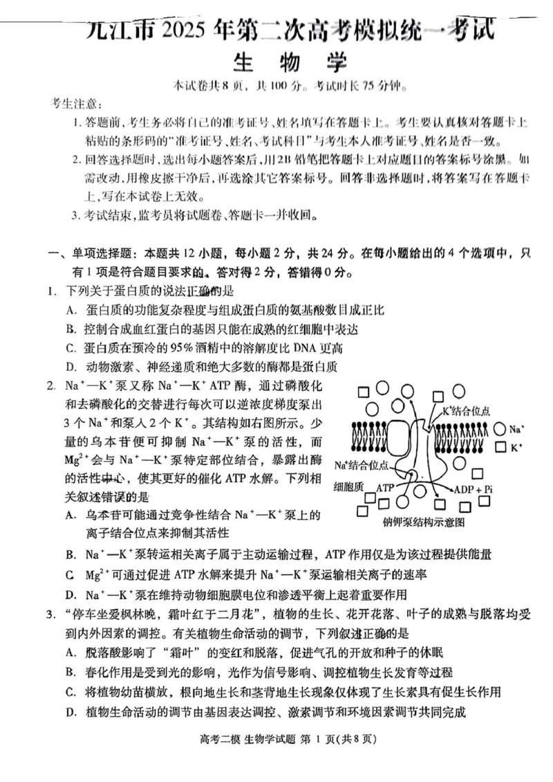 2025届江西省九江市高三二模考试生物试题（扫描版有答案）_2025年3月_250330江西省九江市2025年第二次高考模拟统一考试（全科）_江西省九江市2025年第二次高考模拟统一考试生物