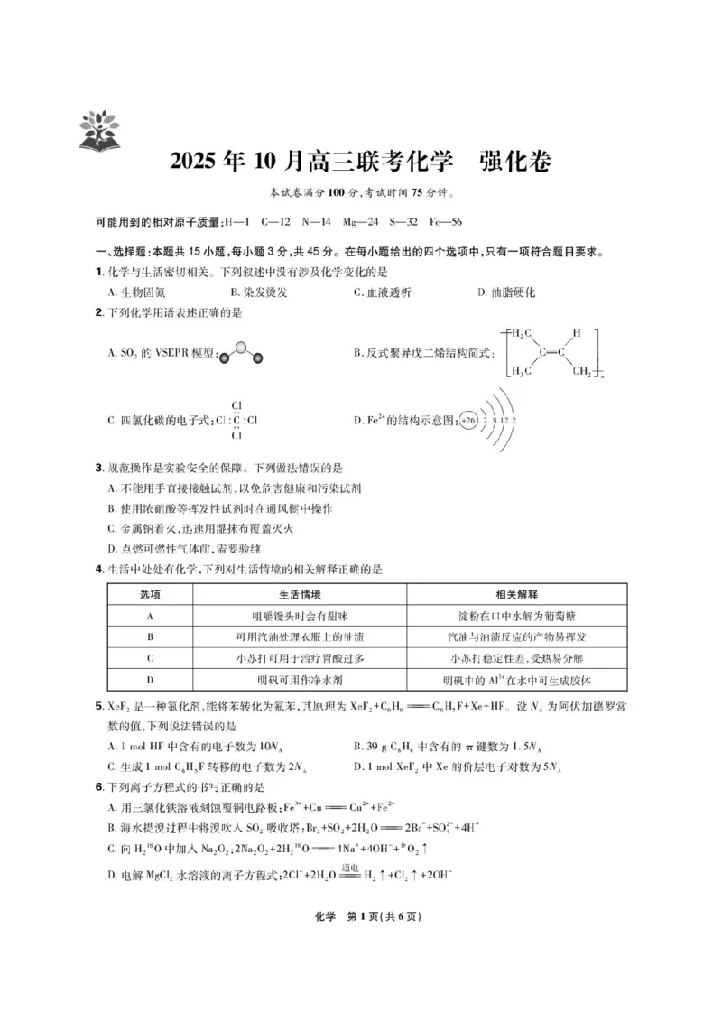 东北三省精准教学联盟2026届高三10月联考强化卷化学+答案_2025年10月_12026年试卷教辅资源等多个文件_251031东北三省精准教学联盟2026届高三10月联考强化卷
