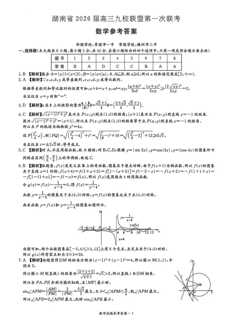 2026届湖南省高三上学期九校联盟第一次联考数学答案_2025年10月_251001湖南九校联盟2026届高三上学期9月第一次联考（全科）_湖南省九校联盟2026届高三上学期9月第一次联考数学试题