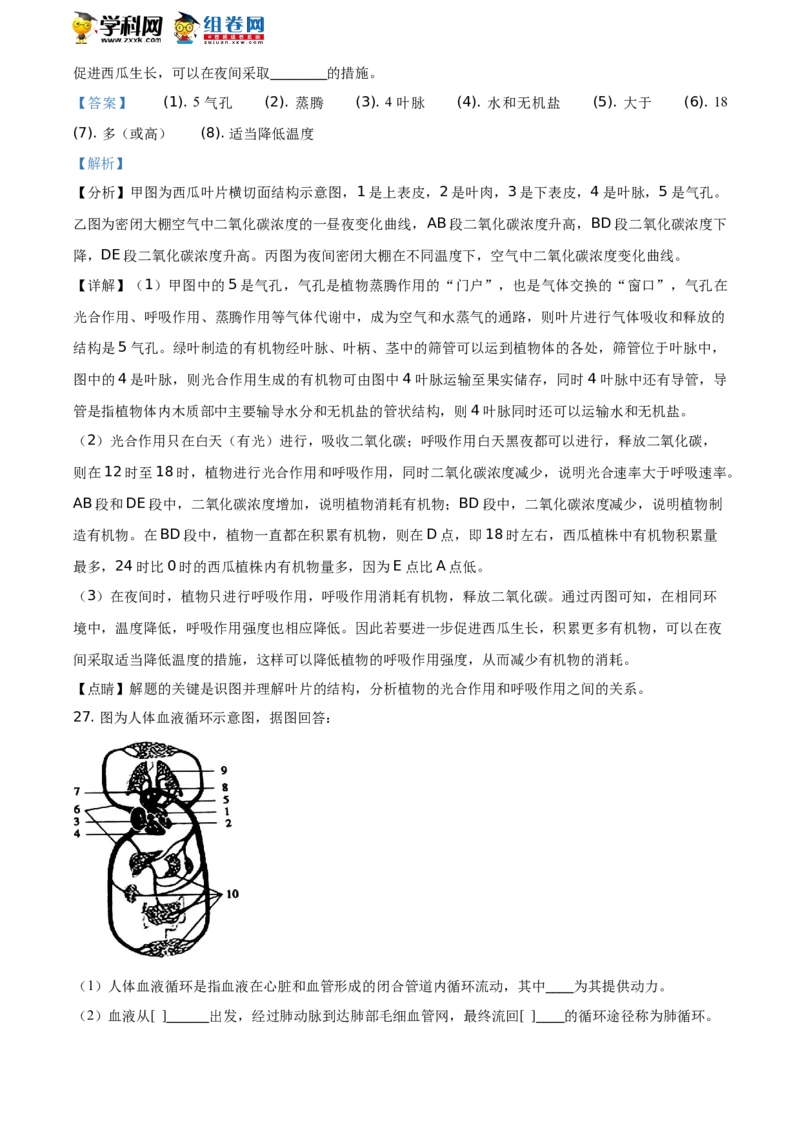 精品解析：山东省聊城市2021年中考生物试题（解析版）_中考真题_8.生物中考真题2015-2024年_地区卷_山东省_山东聊城生物10-22