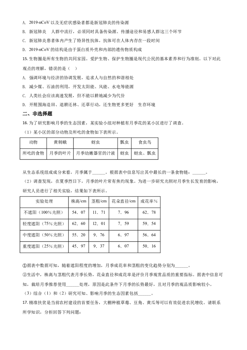 精品解析：内蒙古呼和浩特市2020年中考生物试题（原卷版）_中考真题_8.生物中考真题2015-2024年_2020生物真题74份_2020年中考真题精品解析生物（内蒙古呼和浩特卷）精编word版
