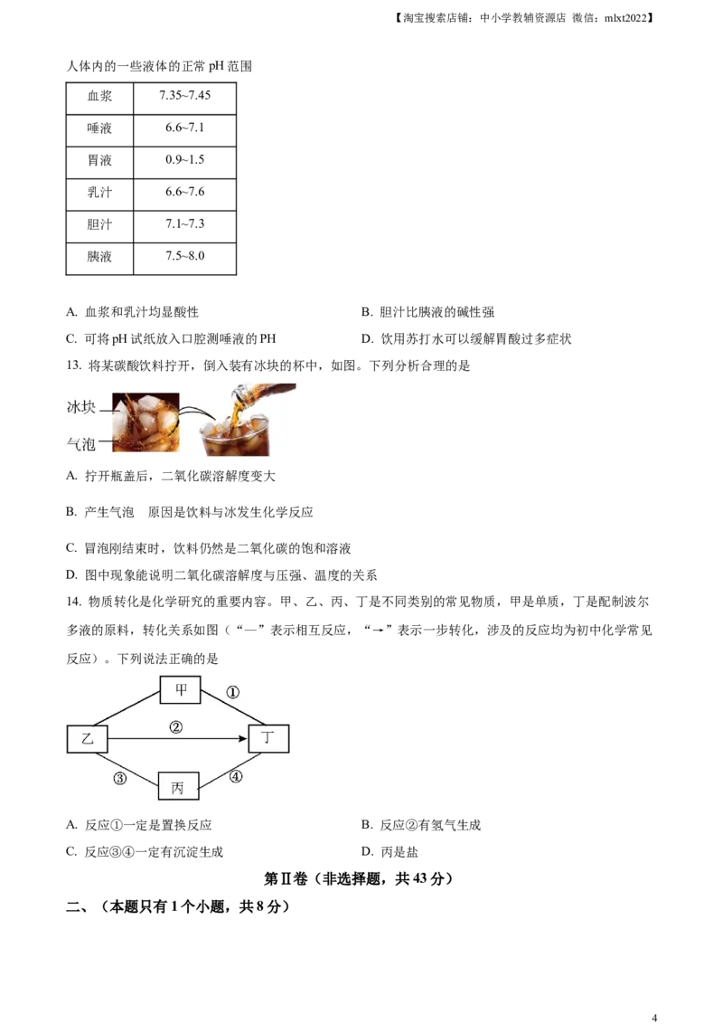 精品解析：2024年四川省成都市中考化学真题（原卷版）_中考真题_5.化学中考真题2015-2024年_2024年中考化学真题_精品解析：2024年四川省成都市中考化学真题