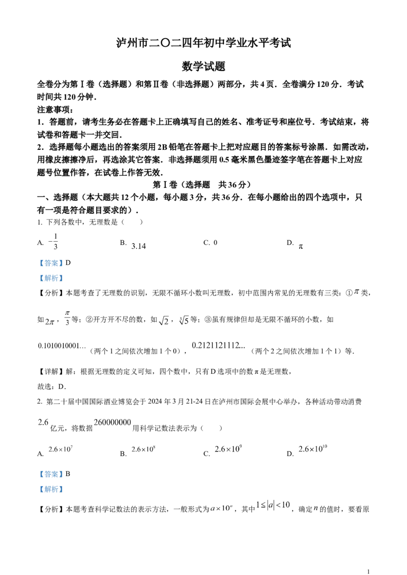 精品解析：2024年四川省泸州市中考数学试题（解析版）_中考真题_2.数学中考真题2015-2024年_2024中考数学真题
