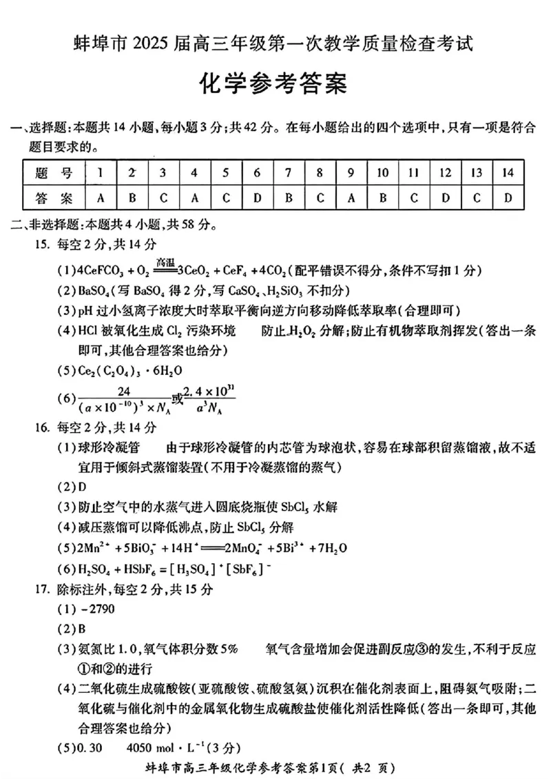 化学试卷答案_2025年1月_250123安徽省蚌埠市2025届高三上学期第一次教学质量检查考试（1月）（全科）_安徽省蚌埠市2025届高三上学期第一次教学质量检查考试（1月）化学